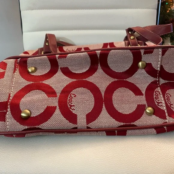 Coach Signature Canvas Tote Shoulder Bag – Burgundy/Red – Leather Trim - NWT - Picture 6 of 10